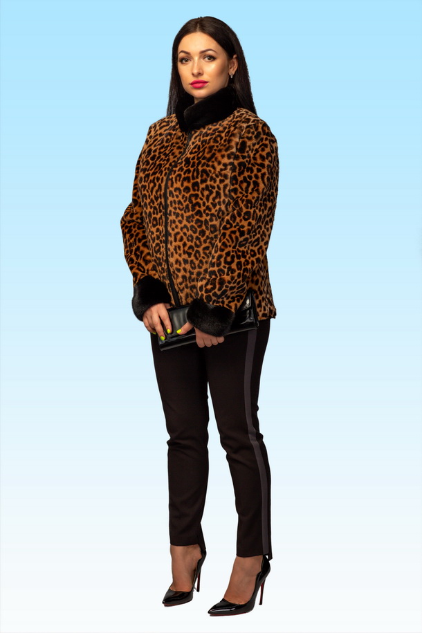 Полушубок женский Verona stile из натурального меха кенгуру леопардовый принт с норкой на манжетах и воротнике M L-  14700.00грн